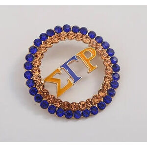 Sigma Gamma Rho Brooch with Blue and Yellow Rhinestones